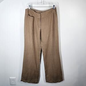 Eileen Fisher Khaki Wide Leg Business Casual Pants Size 6 100% Linen Summer Work